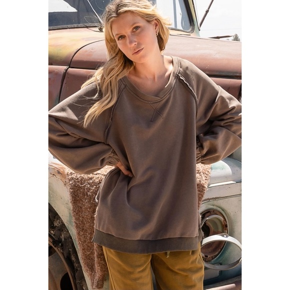 POL Vintage Charcoal Criss Cross Back Slouchy French Terry Pullover - Picture 12 of 13